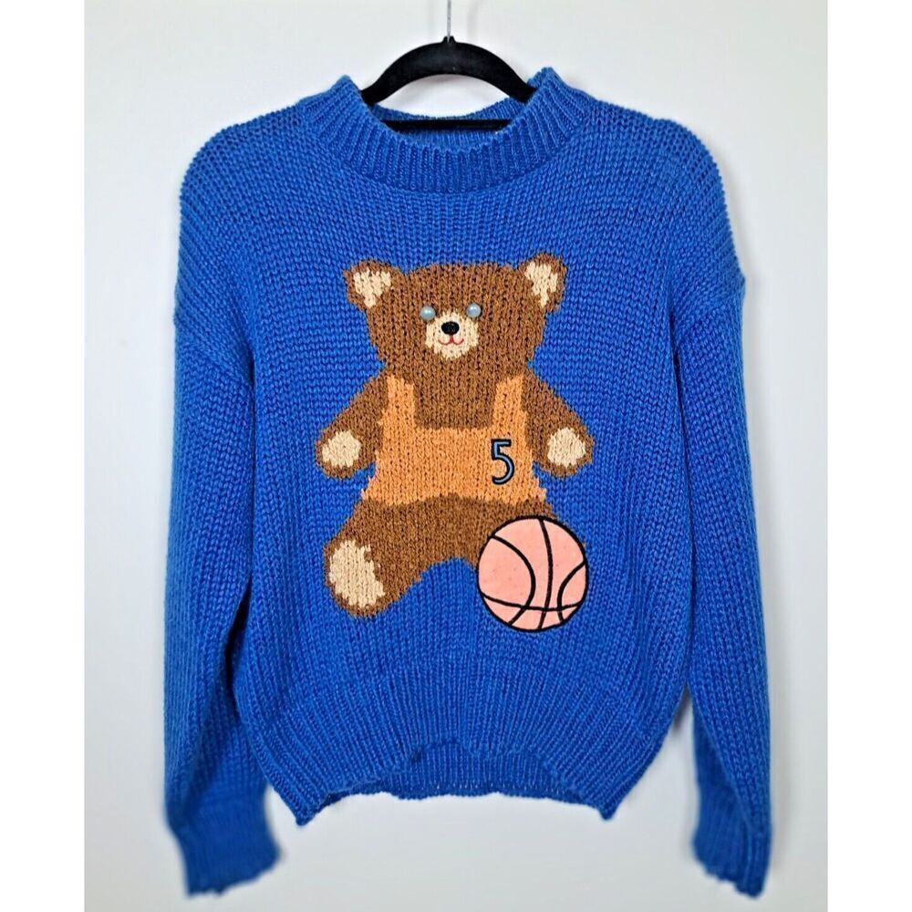 Doubloons Sweater Medium Women’s Blue Knit Teddy Bear‎ Ski Vintage 80s 90s Y2K